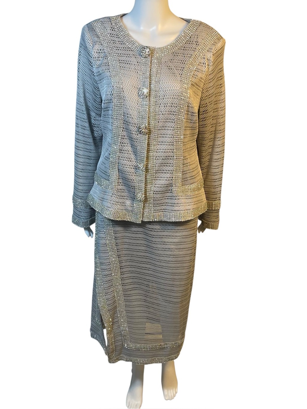 Lisa Rene Silver Metallic Gray Rhinestone Accent 2 Piece Womens Sz 16 Skirt Suit